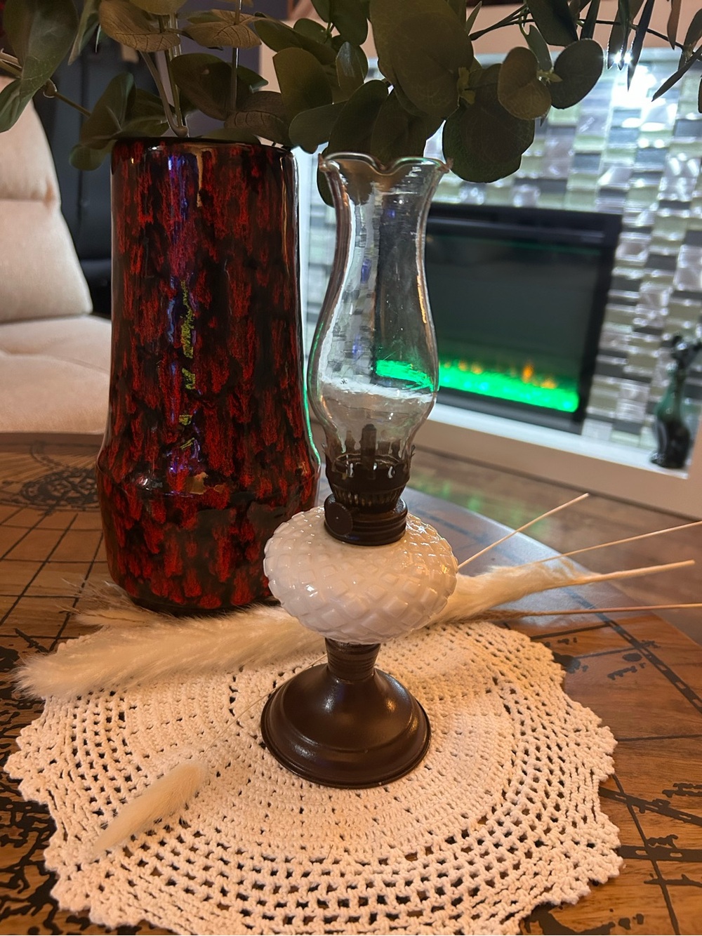 Vintage Miniature Milk Glass Oil Lamp | Quilted Diamond Pattern, Hong Kong